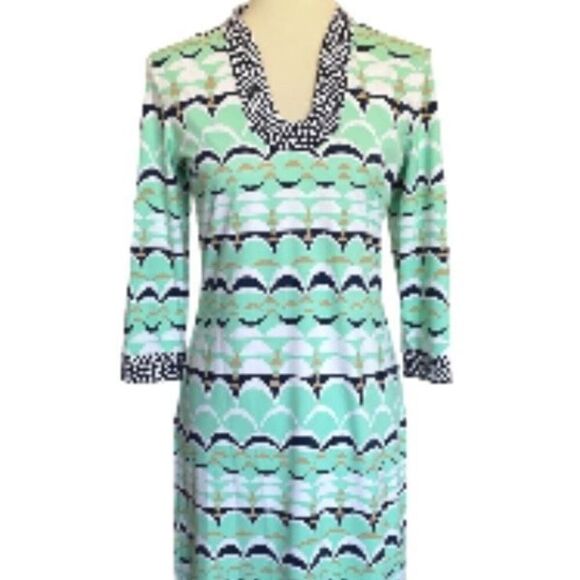 J.McLaughlin Giselle Dress Catalina Cloth Stretch V-neck Mint Navy White Gold Bl - Picture 1 of 10